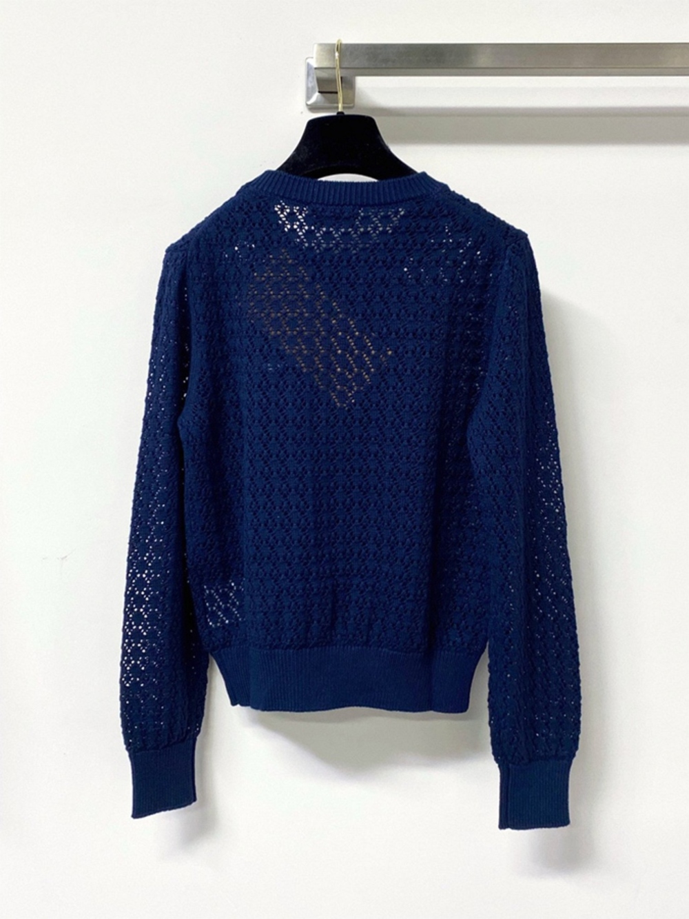Miu Miu Navy Hollow Lace Knit Cropped Long Sleeve Blouse - Picture 3 of 5